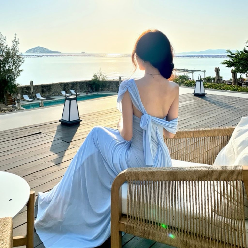 Women's French Style Sequin Mesh Halter Off-Shoulder Tie Long Dress