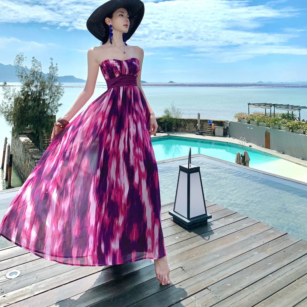 Women's Summer Beach Vacation Floral Print Maxi Dress Rose Red Chiffon Sleeveless