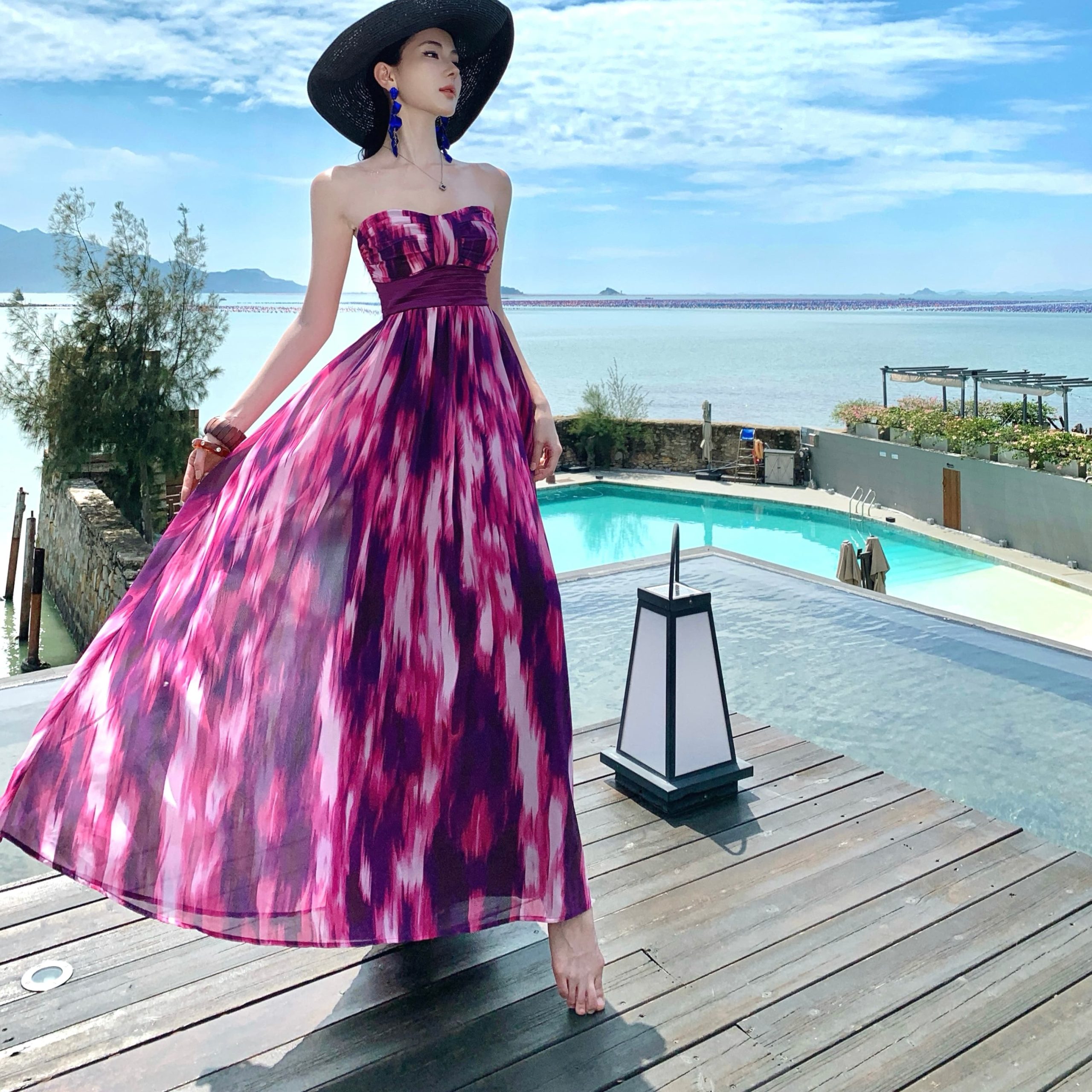 Women's Summer Beach Vacation Floral Print Maxi Dress Rose Red Chiffon Sleeveless
