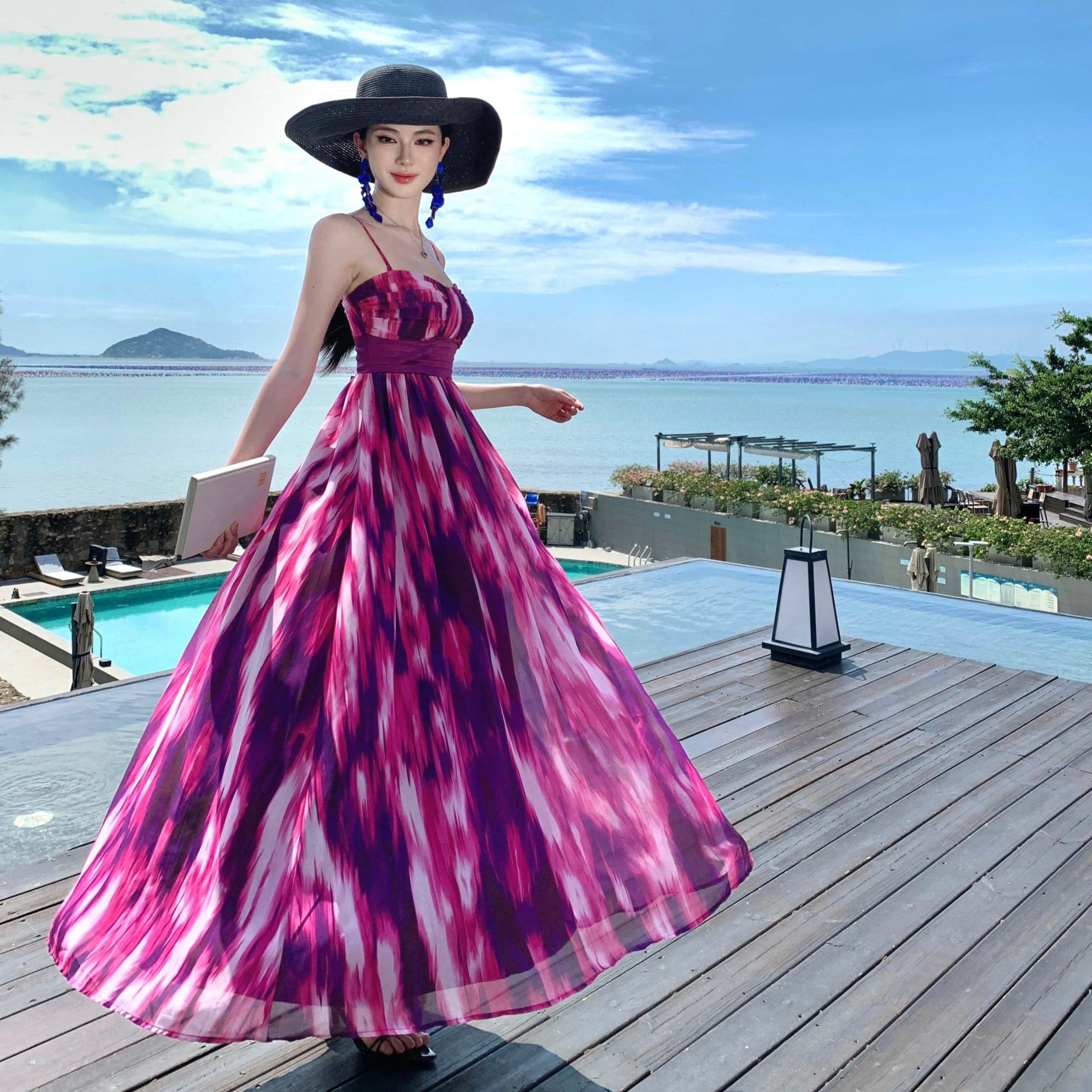 Women's Summer Beach Vacation Floral Print Maxi Dress Rose Red Chiffon Sleeveless - Image 2