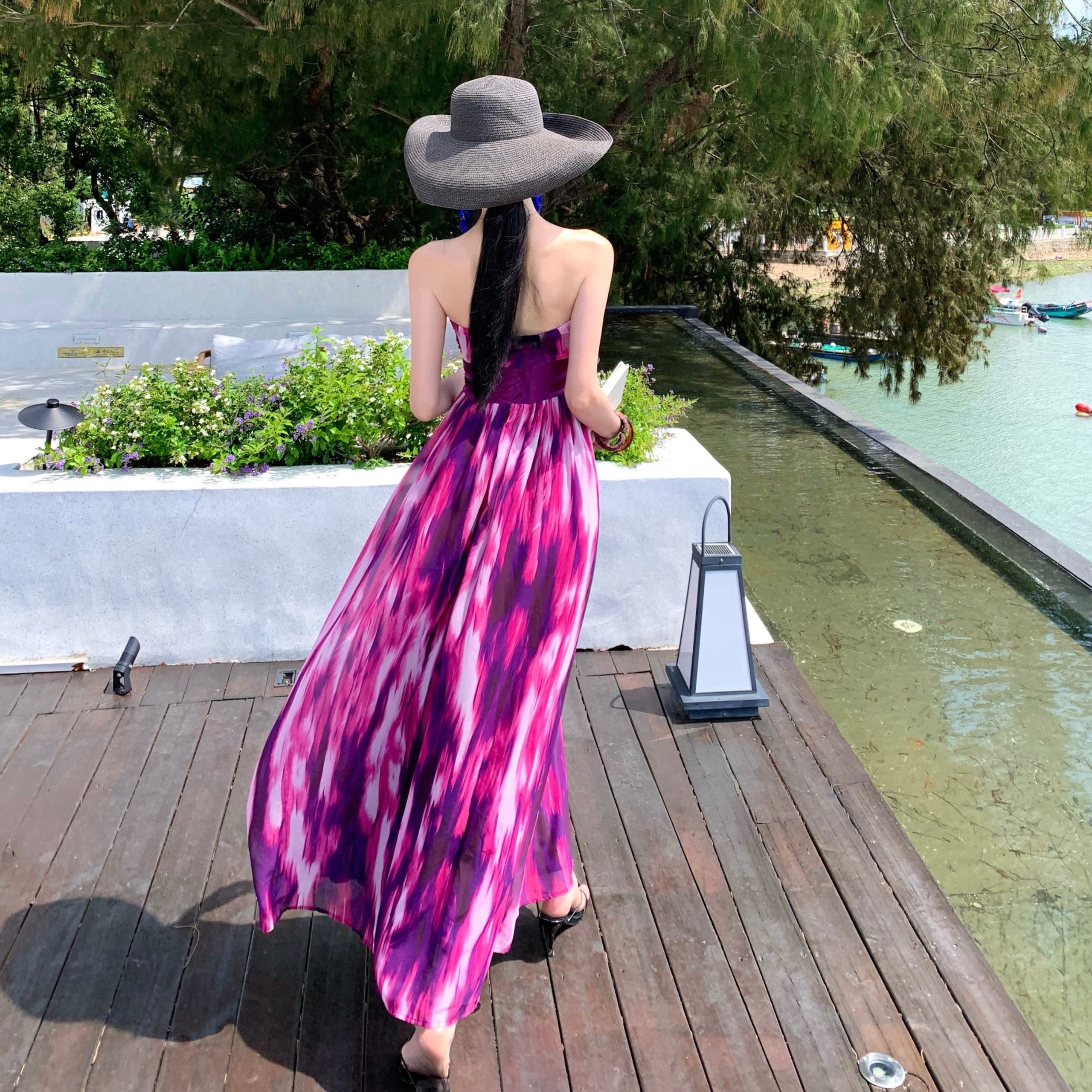 Women's Summer Beach Vacation Floral Print Maxi Dress Rose Red Chiffon Sleeveless - Image 3