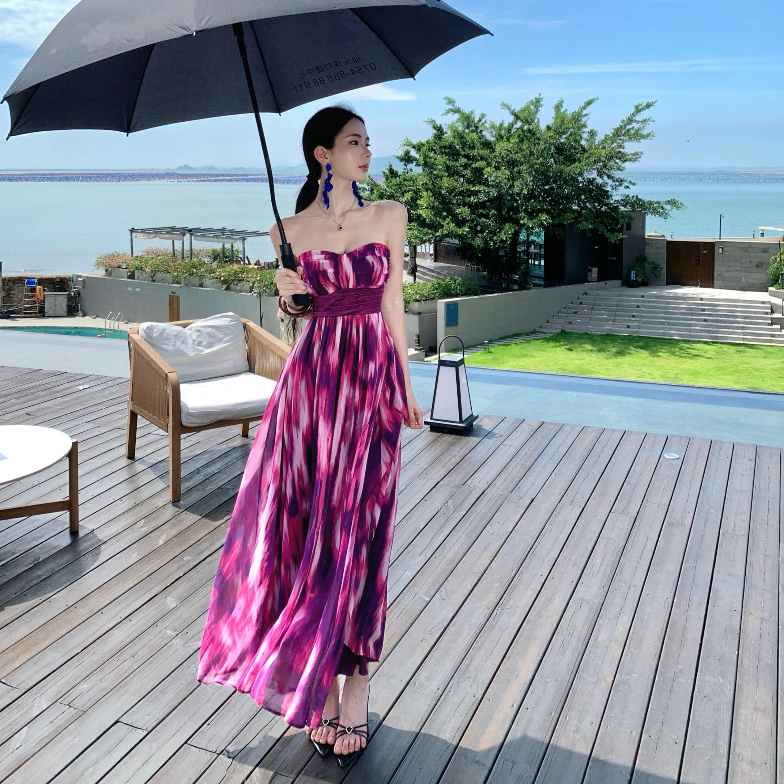 Women's Summer Beach Vacation Floral Print Maxi Dress Rose Red Chiffon Sleeveless - Image 4