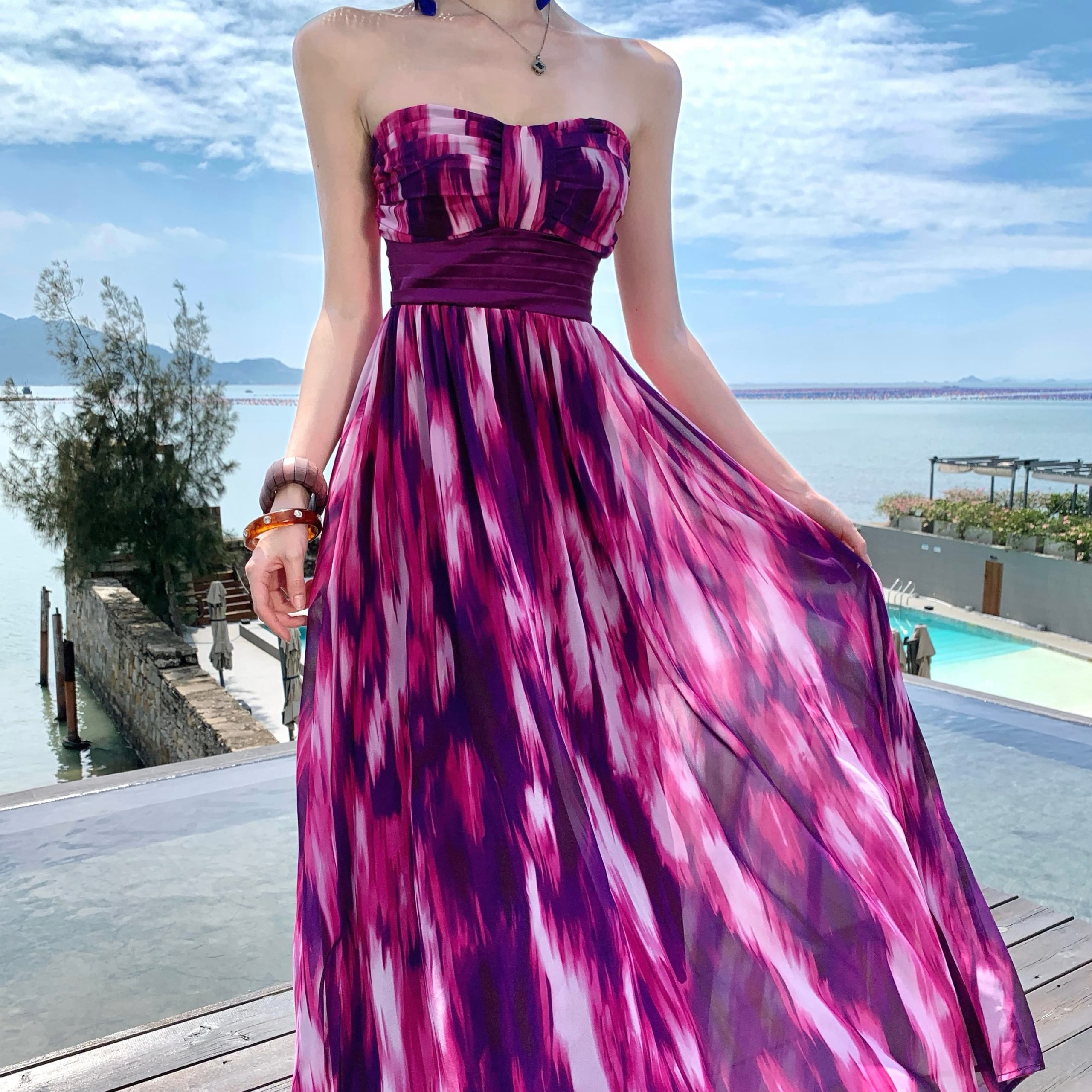 Women's Summer Beach Vacation Floral Print Maxi Dress Rose Red Chiffon Sleeveless - Image 5