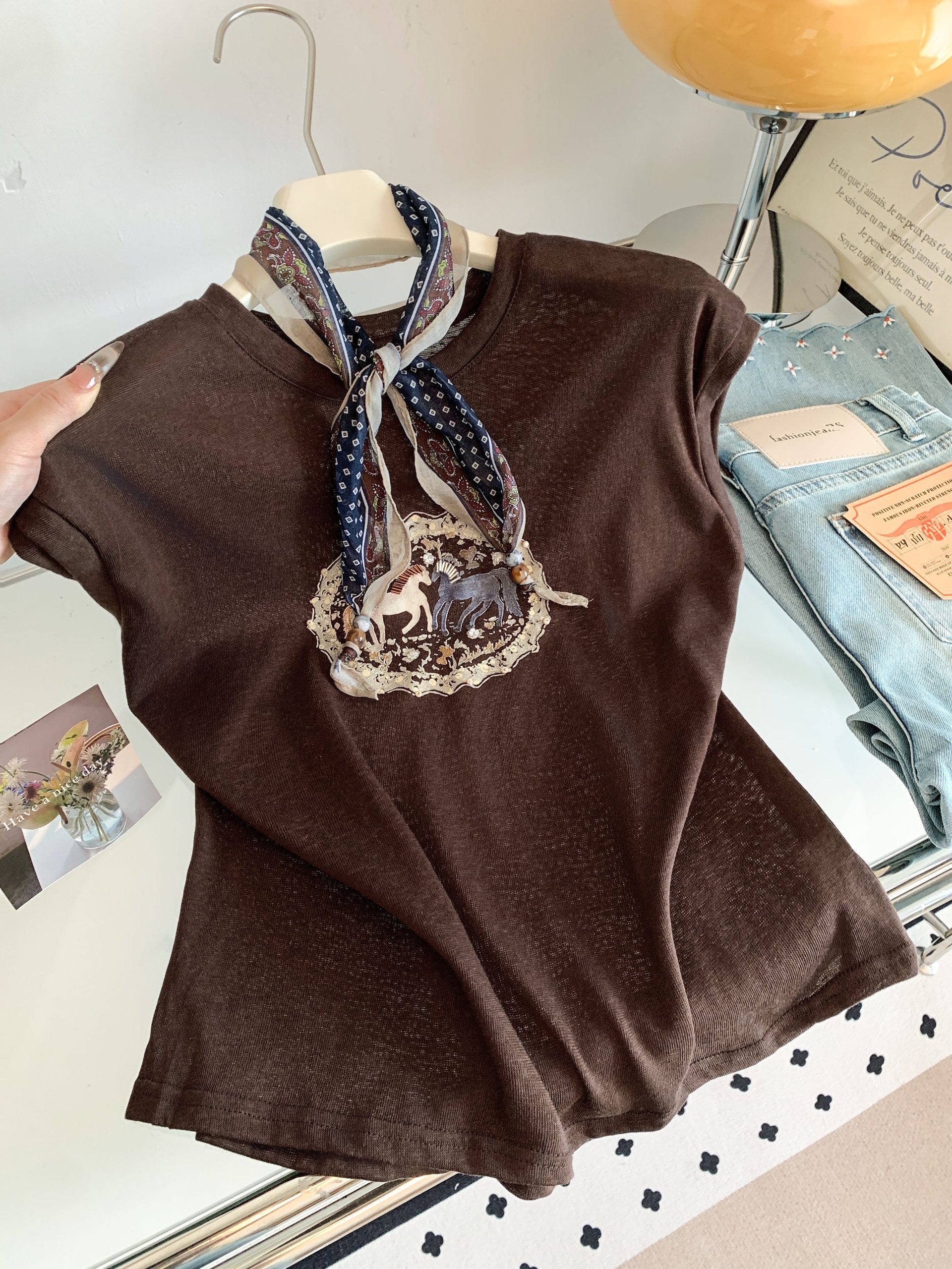 Women's Summer Horse Print Short Sleeve T-Shirt with Retro Silk Scarf Design - Image 2