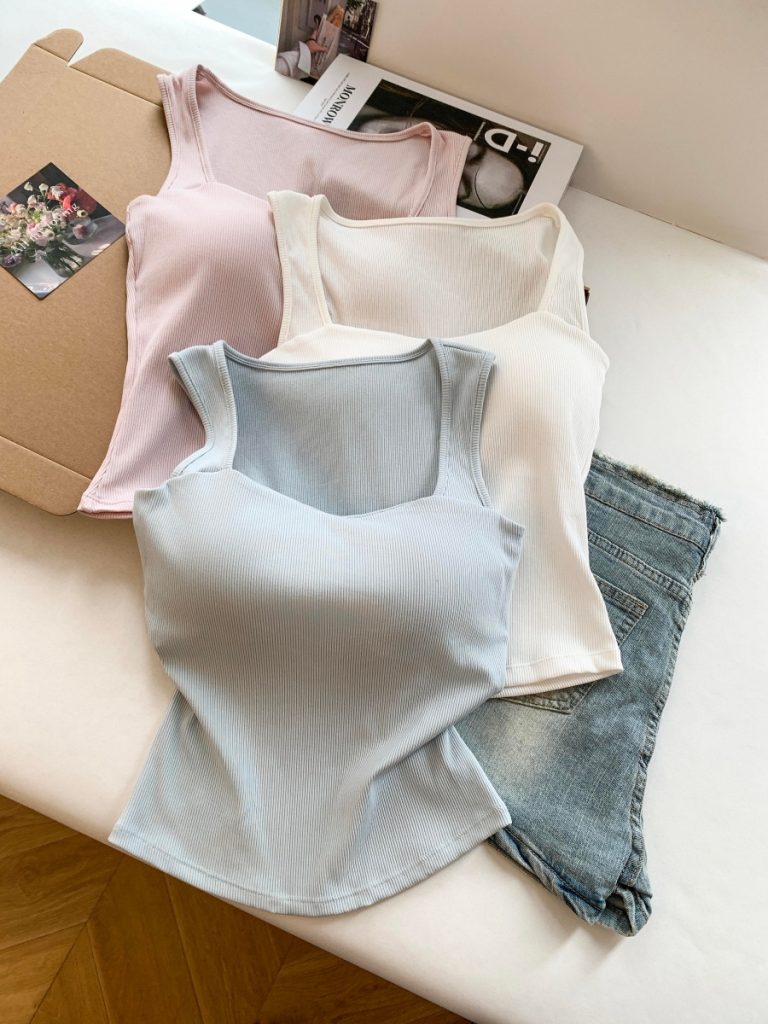 Korean Square Neck Camisole Tank Top for Women Summer Sleeveless Slimming Crop Top with Built-in Bra