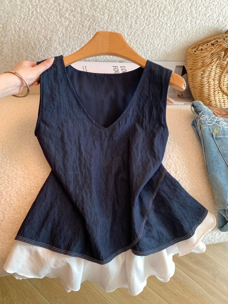 French Style V-Neck Tank Top Shirt for Women Summer Loose Slimming Color Block Faux Two Piece Sleeveless Top