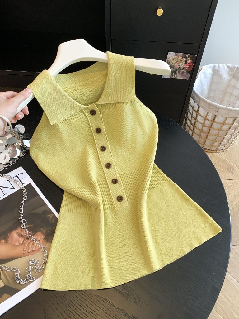 Korean Style Polo Neck Sleeveless Knit Top for Women Summer Slim Fit Off Shoulder