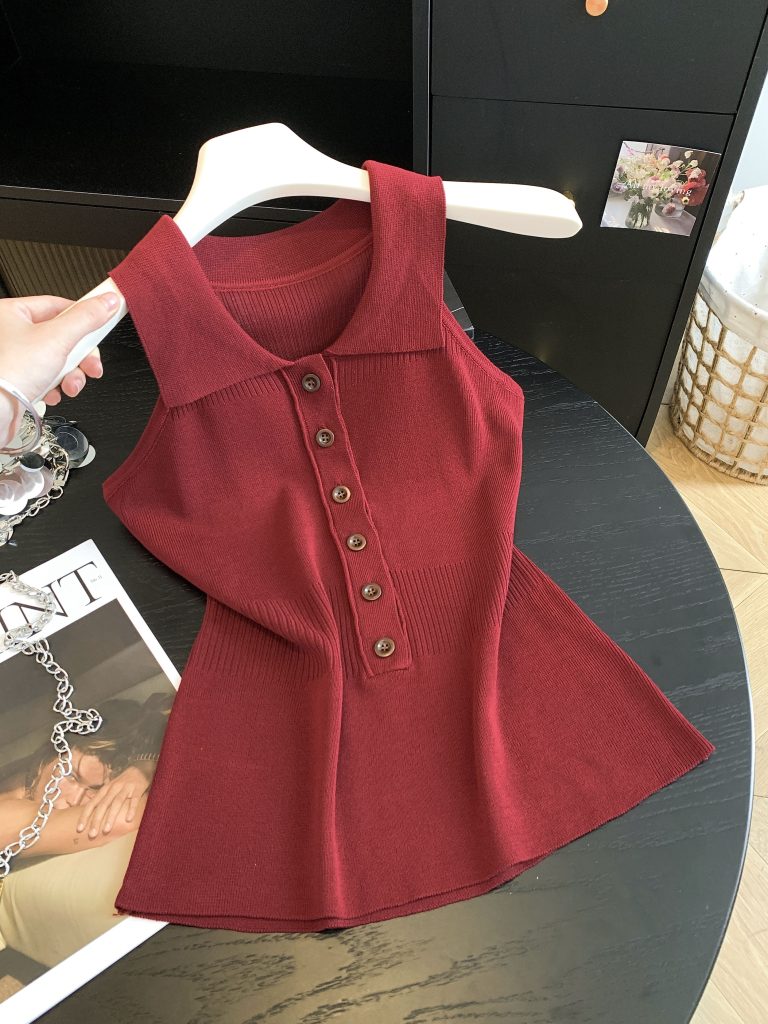Korean Design Polo Neck Tank Top Ice Silk Knit Women's Summer Slimming Sleeveless Off-Shoulder Top - Style 0058bb