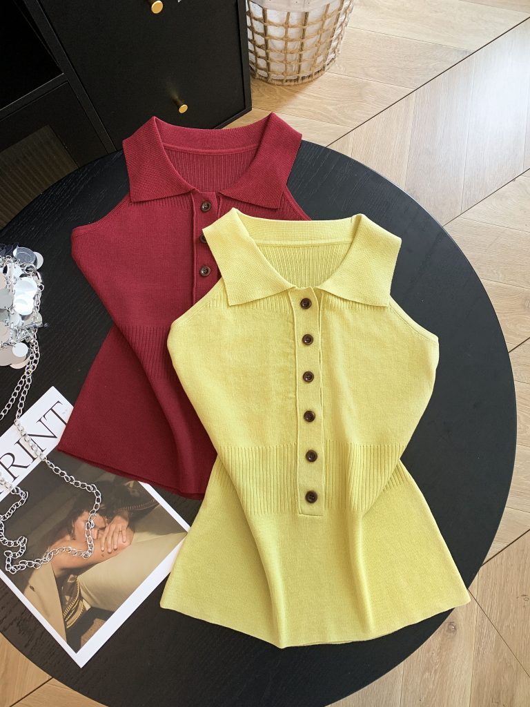 Korean Design Polo Neck Tank Top Ice Silk Knit Women's Summer Slimming Sleeveless Off-Shoulder Top - Style 0059c2